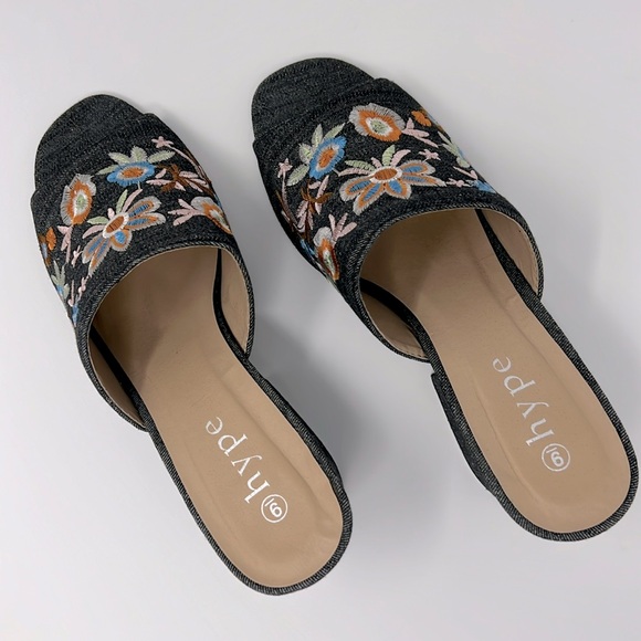 Hype Embroidered Open Toe Block Heel Denim Slip-on Mules Sz. 9 - Picture 12 of 13